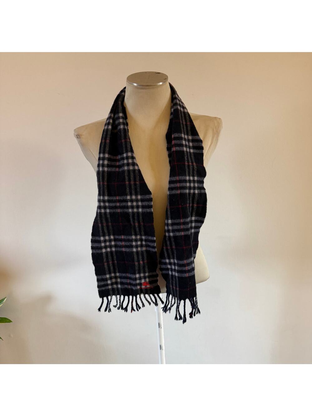 Vintage Burberry Blue Check Fringe Scarf 100% Wool Made in England